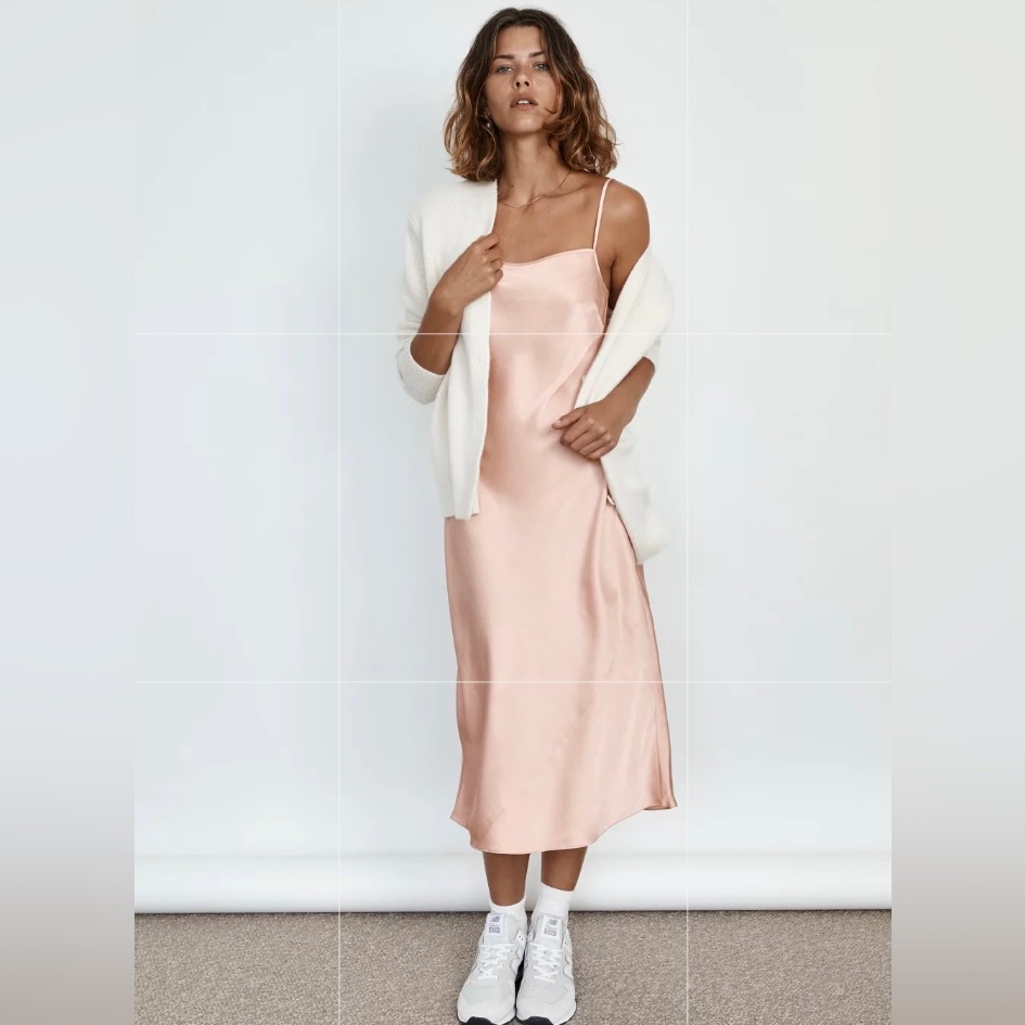 Aritzia Wilfred Satin Slip Midi Dress In Blush Pink